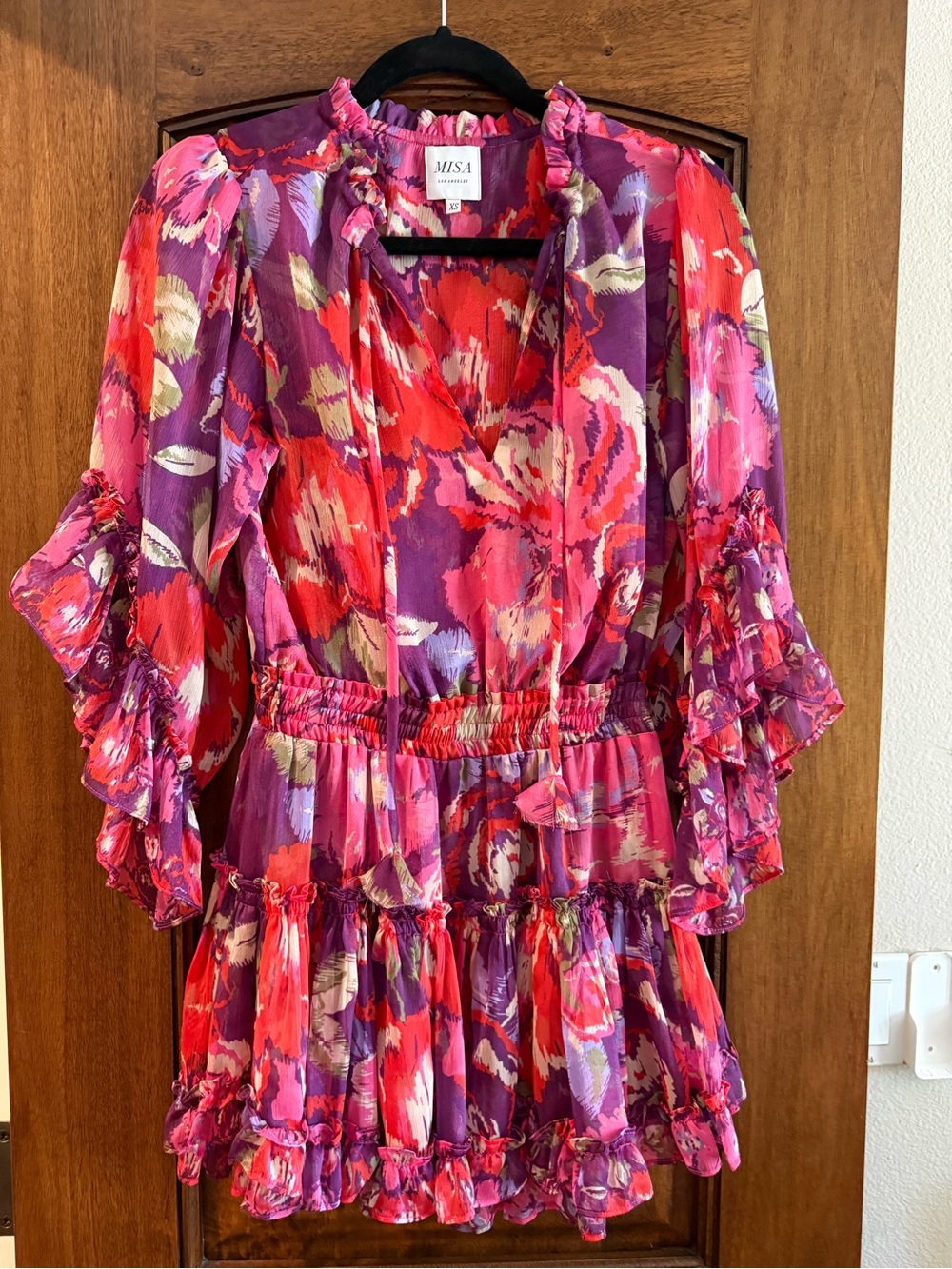 Misa Los Angeles Floral Ruffle Mini Dress in Purple and Red